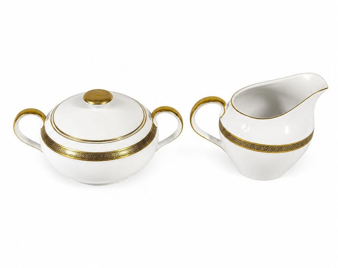 Cream and Sugar Bowl Set Key Largo by Meito Black Greek Key On Gold Band Royal M Japan Replacement China Vintage Elegant Traditional