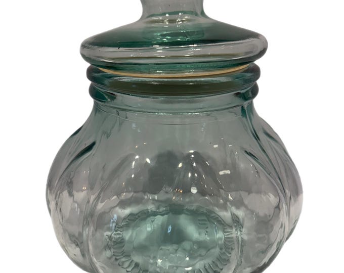 Vintage Green Apothecary Jar - Large  - Heavy Glass - Pumpkin Pot Belly Shaped - Made in Italy Italian - Cookie Canisters - Kitchen Decor
