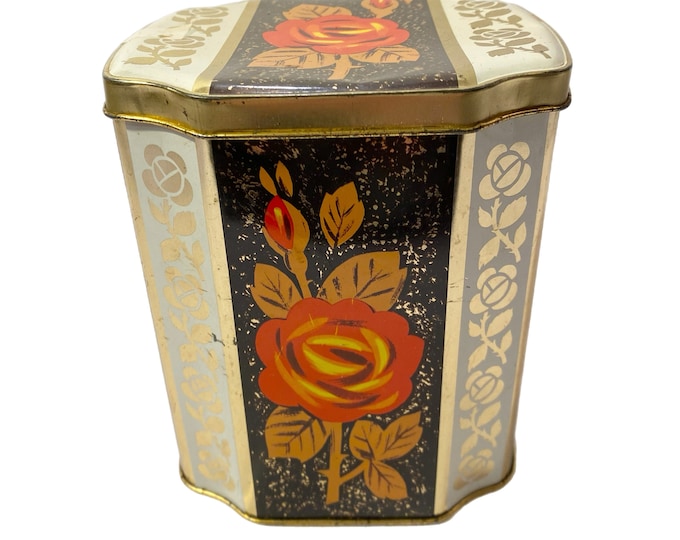Vintage Hinged-Lid Gold & Rose Red Tin Storage Container Marked: 12 MB Container Made Great Britain