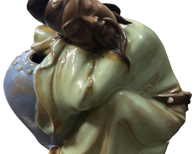 Mudman Figurine Statue | Vintage Chinese Shiwan Glazed Mud man Pottery Scholar Figure |  Asian Collectible Home Decor Decorative Accent