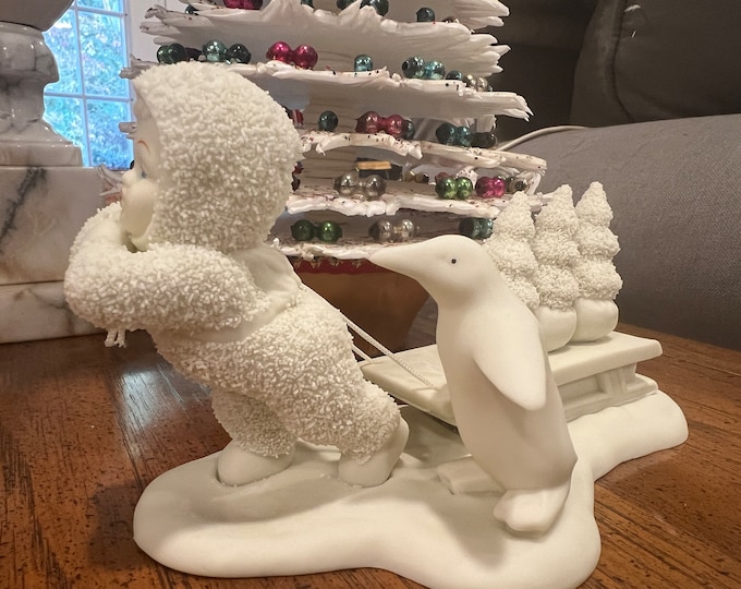 Department 56 - Snowbabies "Bringing Starry Pines" - Pulling Sled With Penguin - Retired Depart. 56 - Christmas Trees - 3 Pine Trees