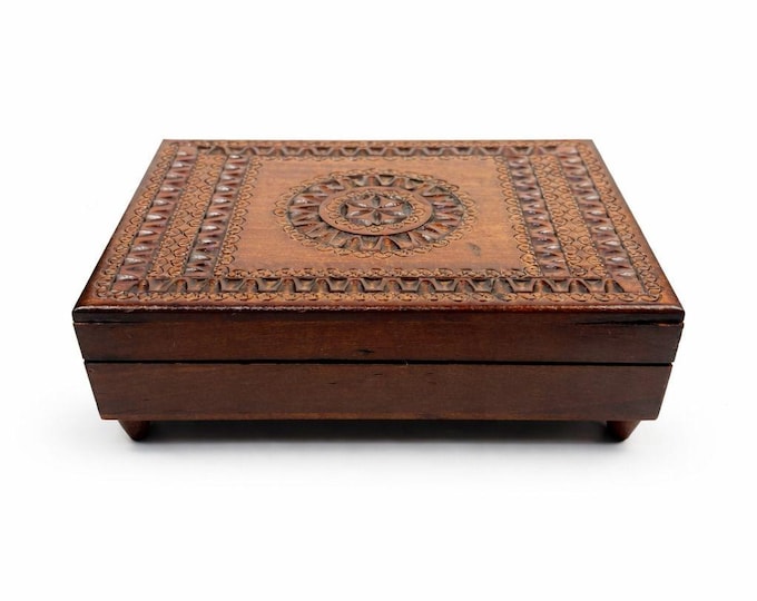 Wooden Music Box Trinket Jewelry Hand Carved Vintage Poland Lidded Handmade Small Musical Home Dresser Shelf Decor Decorative Accents