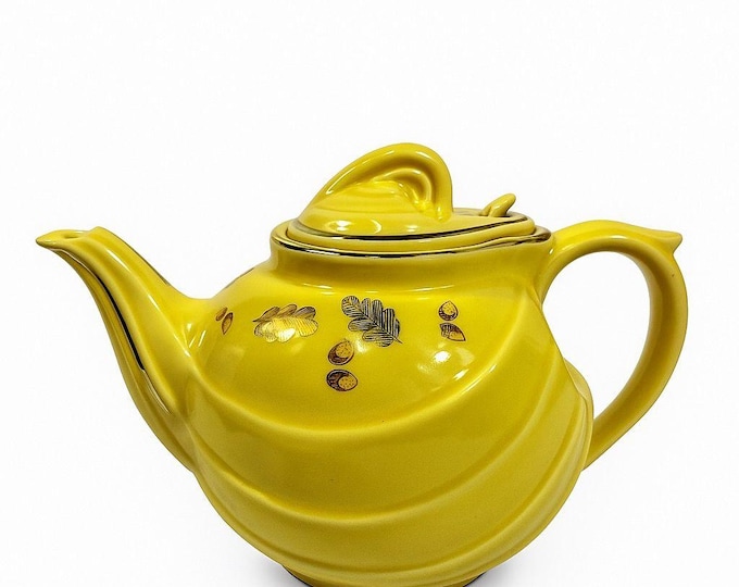 Hall Teapot Vintage #0799 Canary With Gold Trim Leaves & Acorns Hook Lid 6 Cups | Kitchenware Serveware Mid Century USA Made Collectible