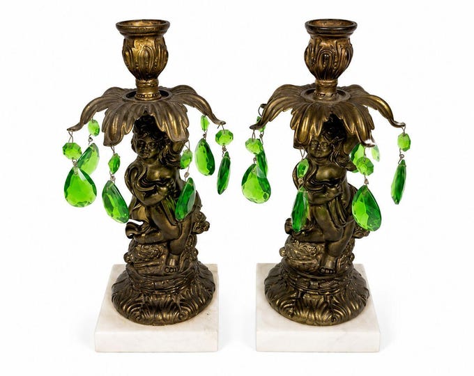Candle Holders Bronze color Cherub Pair Set 2 Candleabra Italian Marble Bases Italy Green Prism Buffett Table Home Decor Centerpiece Rococo