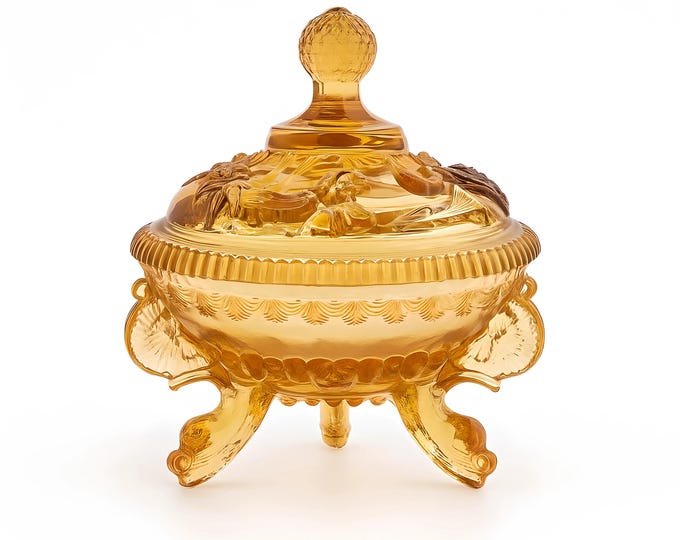 Candy Dish Footed Lidded Trinket  | Westmoreland Glass Argonaut Glass Dolphin Footed Candy | Collectible Art Glassware | Decorative Accents