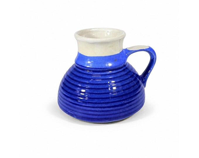 Pottery coffee mug Wide Bottom No skid Sip Honeycomb Blue Cream Glazed Ceramic Travel Replacement VIntage