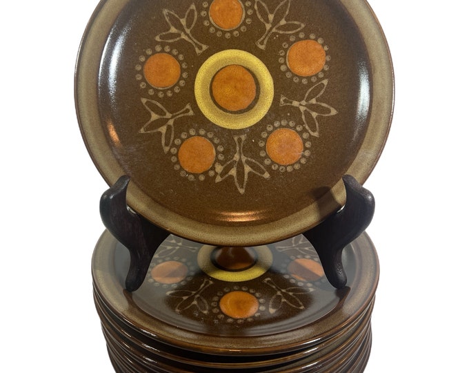 Mid Century| Retro Kitchy |  Georges Briard Aztez Stoneware Bread Dessert Plates 7.5" Set Of 9