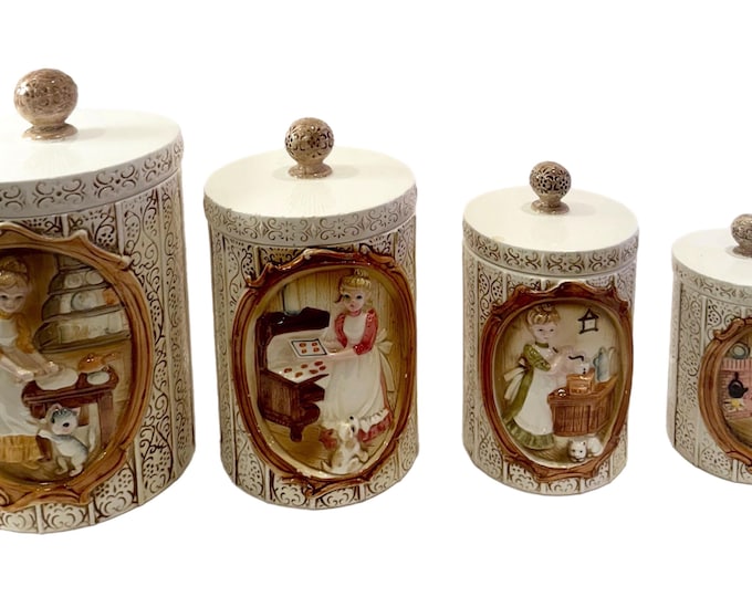 Vintage | Sears & Roebuck  | Pioneer Woman | Four piece Ceramic Canister Set |  Japan | Cottage Core Granny Core | Retro Kitchen Decor
