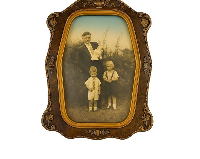 Antique Picture Frame Wood Ornate Gesso Convex Bubble Glass Picture Octagon Family Portrait | Wall Home Decor Decorative Accents Vintage