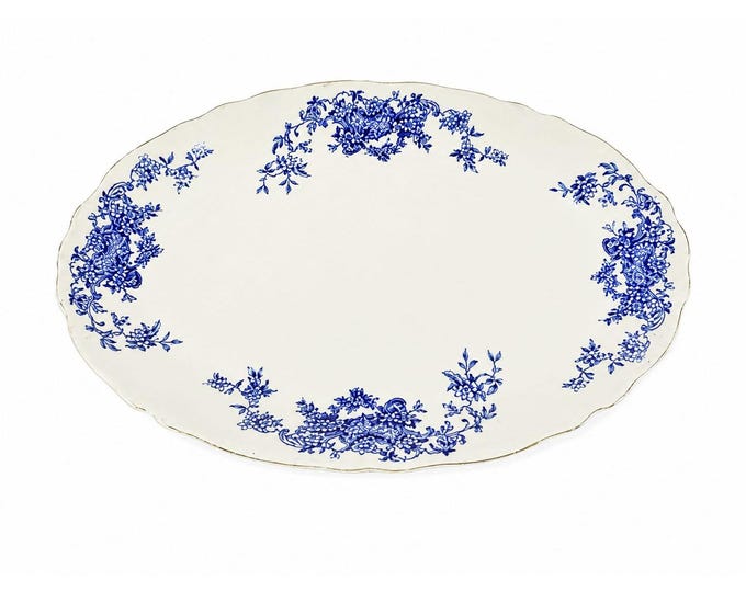 Transferware Rimmed Serving Platter Flow Blue Cresent Utophia Alpha Blue and White Replacement China Trenton NJ Ironstone