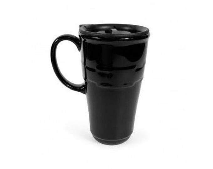 Longaberger Woven Traditions Pottery Black Ebony Coffee Travel Mug-EUC
