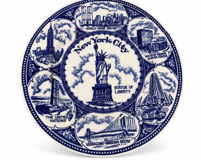 Transferware Plate Souvenir Collectible New York City Statue of Liberty World Trade Center Blue and White Travel Wall Decor Decorative