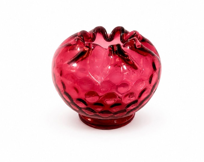 Rose Bowl Ruby Dot Optic Cranberry Ruby Fenton Art Glass Ruffled Vintage Hand Blown Collectible Glass Vase Decorative Accents Home Decor