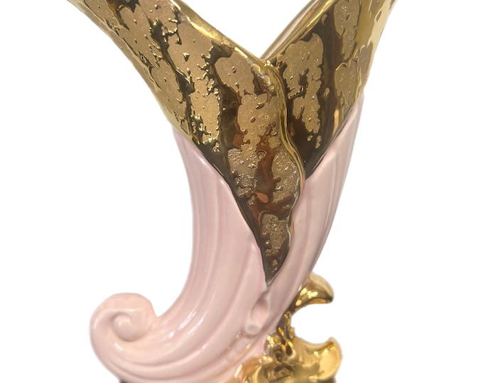 Mid Century Vintage Hand Painted Weeping Gold Pink Glazed Savoy Pottery Horn Vase Planter