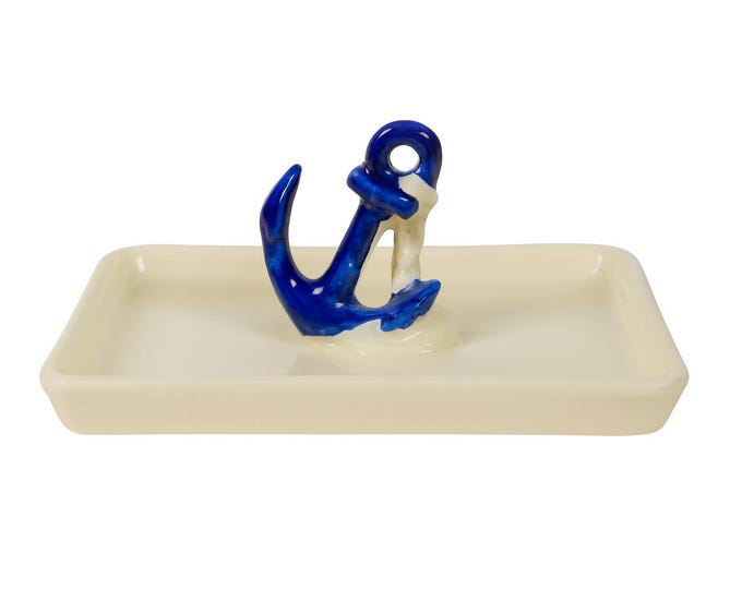 Ring Trinket Dish | Nautical Anchor Chain Vintage Medium Sized White Ceramic Trinket Box Made In Czechoslovakia | Naval Coastal Blue White