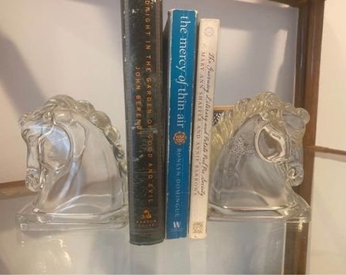 Clear Glass Stallion Horse Head Bookends - Lovely Vintage Library Office Home Bookends - Horse Lover LE Smith