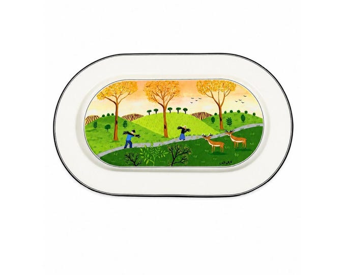 Villeroy & Boch Design Naif Porcelain 15-1/4" Oval Serving Platter Replacement China "Gathering Twigs" scene by artist Gérard Laplau Vintage