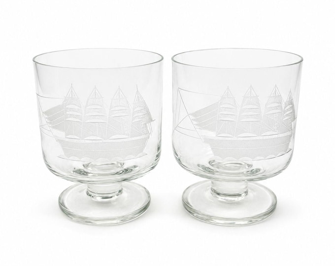 Whiskey Rocks Glasses Footed Set 2 Toscany Etched Crystal Clipper Vintage Glassware Barware Replacement Tumbler Nautical SchoonerMancave