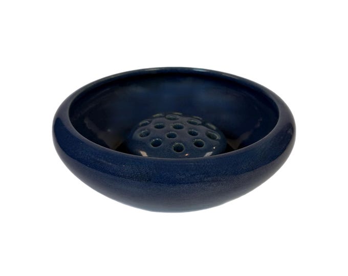 Flower Vase Bowl with Frog  | Low Bowl Ikebana Royal Blue | Vintage Ceramic Pottery Planter | Decorative Home Decor | Floral Arrangement