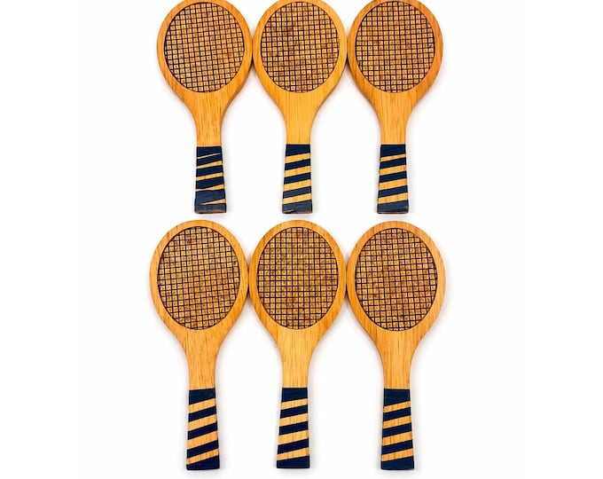 Coaster Set Cork and Wood Tennis Rackets Set 6 Unique Barware Vintage Gifts Serving Party Country Club Kitchenware Hostess Mancave