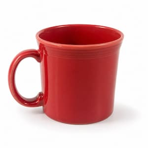 May include: A solid red ceramic mug with a rounded handle. The mug has a smooth, glossy finish and a slightly flared rim. The mug is designed for hot beverages.