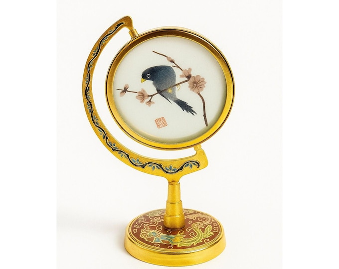 Silk Art Embroidered Bird Globe within Enamed Cloisonne Burgandy Red Brass Swivel Picture Frame Home Decor Decorative Accent Chionsoiere