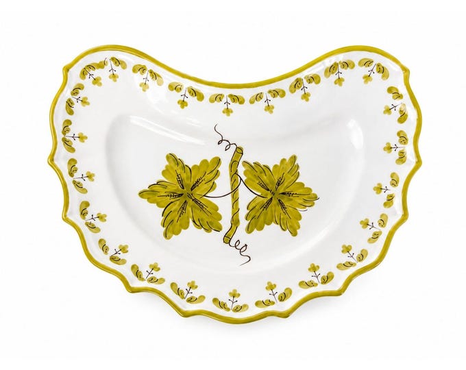 Italian Pottery Half Moon Bone Plate Guido Gambone ITY233 Handpainted Grape Leaves Green Replacement China Dishes Made in Italy G72