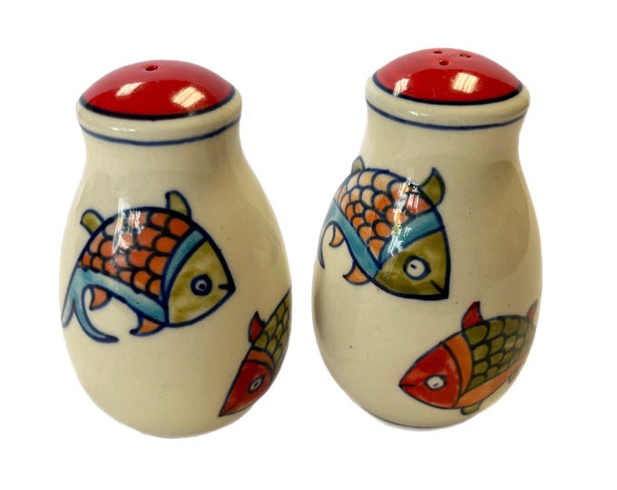 Vintage | Hand painted Ceramic Salt and Pepper Shakers with Painted Fish | Coastal Beach | Red Blue Green Orange | Pair