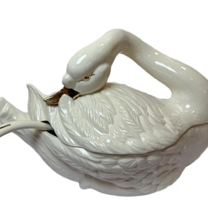 Soup Tureen Bowl Centerpiece | Large White Ceramic Swan | Lidded 2 pieces Gold Accents | Cottage Granny Core | Ceramics Mold Hand painted