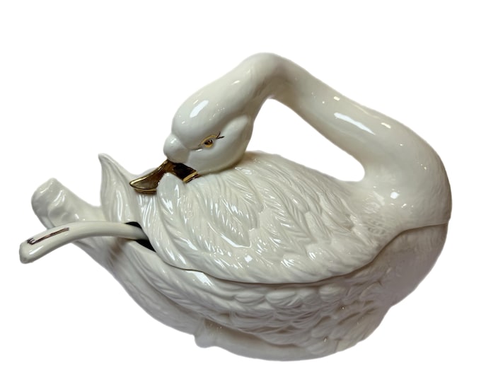 Soup Tureen Bowl Centerpiece | Large White Ceramic Swan | Lidded 2 pieces Gold Accents | Cottage Granny Core | Ceramics Mold Hand painted