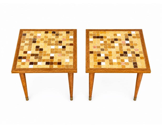 Stacking Side End Occassional Tables Mid Century MCM Tiled Brown Pair Set 2 Unique Handmade Retro One of a Kind Vintage