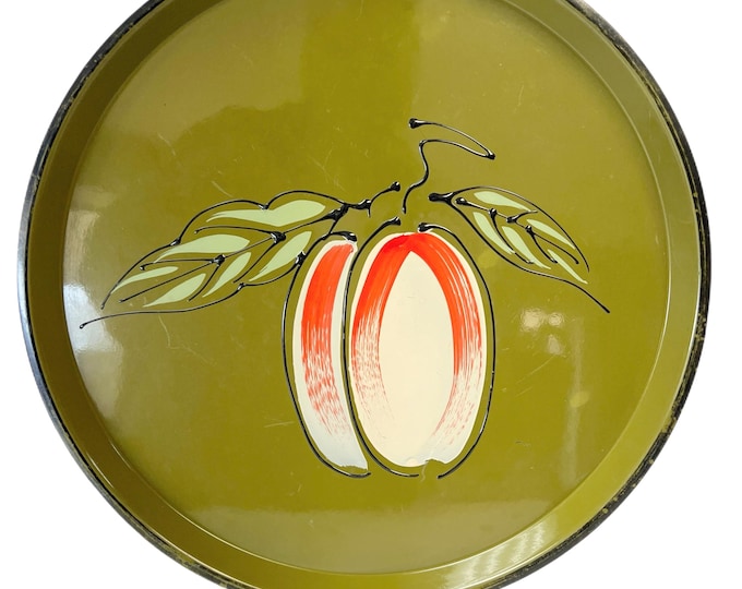 Vintage  Mid Century MCM Avocado Green Orange 1965 DAVAR Laquerware Tray Platter Japan MCM 10 3/4" Grapes & Leaves | Kitschy Kitsch