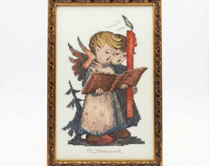 Framed Cross Stitch Hummel Signging Angels Candle Gold Frame Christmas Holiday Seasonal Home Wall Decor Decorative Accents Vintage Collector