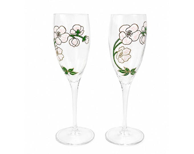 Crystal Champagne Flutes Set 2 Perrier Jouet Belle Epoque France  Hand-Painted 7 1/2" Pair Toasting Glassware Vintage Wedding Replacement