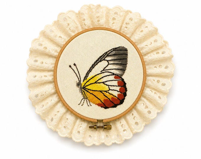 Cross Stitch Butterfly on Hoop l with Lace Wall Decor Handmade Vintage Gallery Art