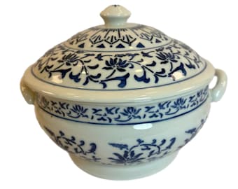 Lidded Rice Vegetable Server | Blue and White Grand Millennial Traditional Chinoiserie | Decor Decorative Accent | Serving Piece Floral
