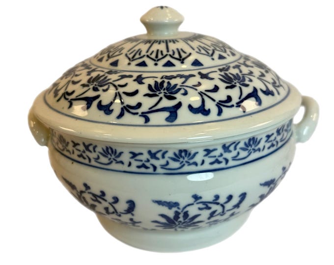 Lidded Rice Vegetable Server | Blue and White Grand Millennial Traditional Chinoiserie | Decor Decorative Accent | Serving Piece Floral