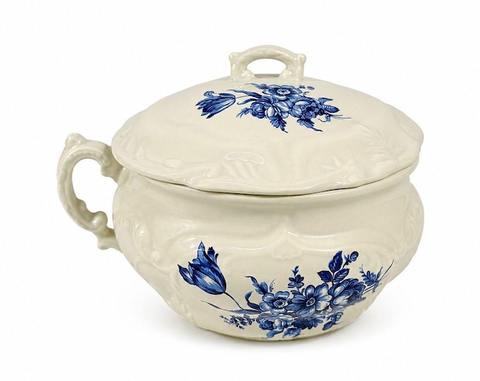 Ironstone Flow Blue Chamber Pot Planter Transferware Vintage Bowl Handle Lid Flowers Farmhouse Country Cottage Granny Core