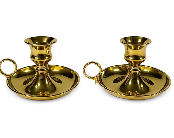 Brass Chamberstick Handled Candle Holder | Pair Set 2 | India Indian Gold Home Table Centerpiece Decor Decorative Accents | Wedding Present