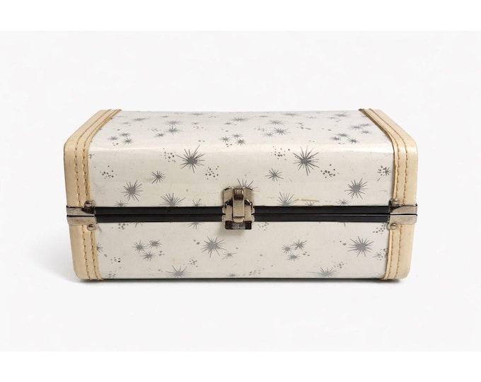 Metal Doll Trunk Suitcase Carrying Case Travel White Atomic Silver Stars Starburst Mid Century Retro Vintage Handled Stoarge Collectible