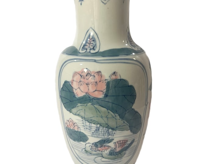Vintage | Chinoiserie | Hand painted pastel Vase | Birds | Lotus | Pink Green Blue