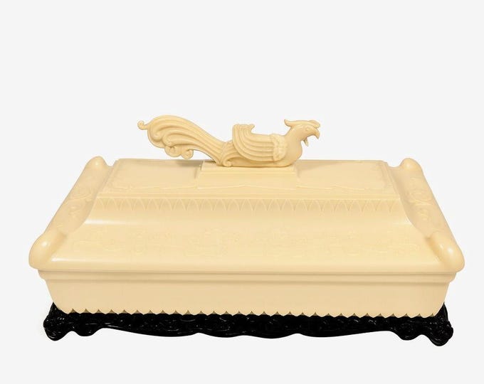 Dresser Jewelry Box Early Celluloid Asian Dragon and Pheasant Alden Plastics Corps Vintage Chiniosiere Cream Black Boudoir Trinket Oriental