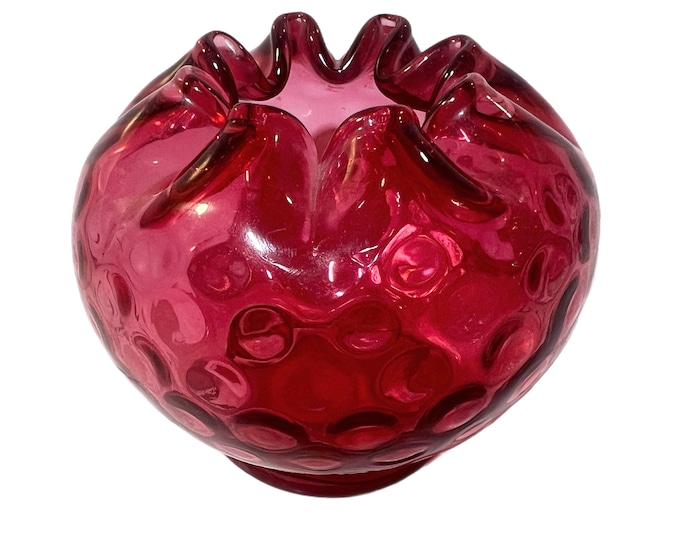 Fenton Art Glass Cranberry Dot Optic Ruby Overlay Ruffled 3 3/8" Rose Bowl 1955