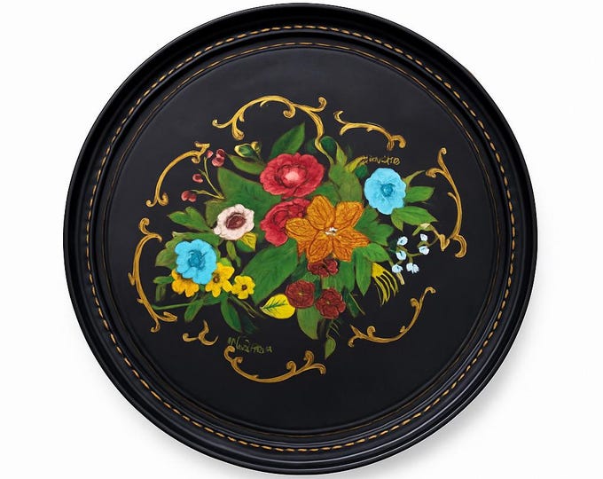 Large Tole Tray Wall Decor Hanging Hand Painted Vintage Flowers Floral