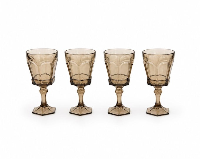 Water Goblets Stemmed Paneled Fostoria Virginia Smoky Brown Set 4 Mid Century Vintage Wine Drinking glasses Barware Drinkware Replacement