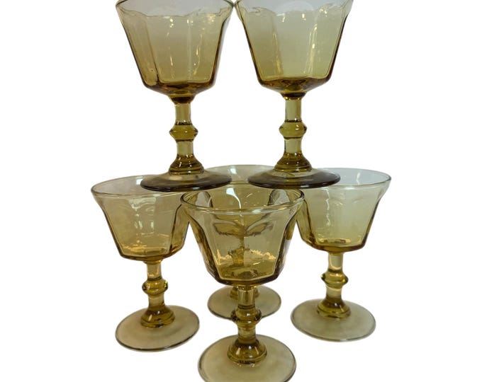Vintage Anchor Hocking "Courtney" Yellow/Amber Set of 6 Small Wine/Cocktail Glasses ~ Paneled Stemware Glassware HoneycombTextured Glass