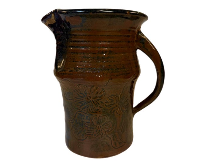 Pottery Pitcher | Rockhouse Signed Ken Poole | Seagrove NC Southern Potter | Dogwood Design Collectible Art | Hand thrown Terra Cotta Glaze
