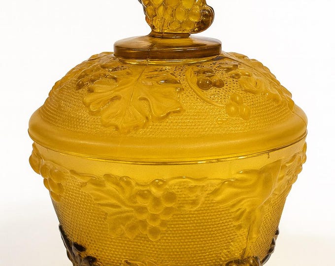Amber Footed Sugar Candy Dish Jeanette Glass Harvest Grapes and Leaves Covered Dish Orange Glassware Vintage Home Decor Decorative Repoussé