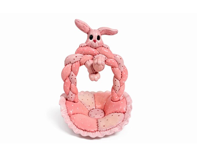 Easter Basket Ceramic Hand Painted Dana's 1985 Puffed Pillowed Ruffled Cloth Ceramic Basket Pink Polka Dot Kitschy Spring Home Decor