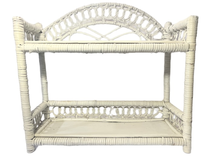 White Wicker Rattan Hanging Wall Shelf | Display Cabinet Bathroom Coastal |Vintage 70s Boho Coastal Grandma | Home Decor Decorative Accents